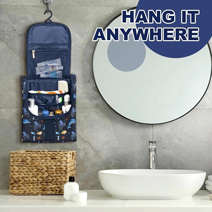 Remobia Hicol Cute Cartoon Hanging Kids Toiletry Bag Children Travel Cosmetic Makeup Organizer Wash Bag Shower bag Over Night Bag Camping Shaving Kit Bag for Boys & Girls (Sea World)