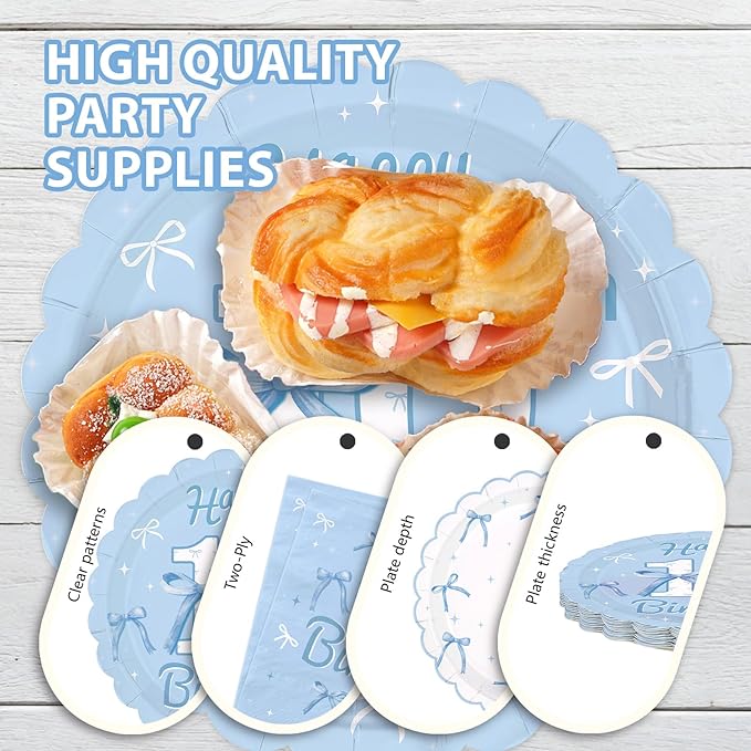 96Pcs Blue Bow 10th Birthday Party Decorations Blue White Happy 10th Birthday Scalloped Plates and Napkins Cute Bow Themed Tableware Set for Girls 10 Years Old Supplies Serves 24