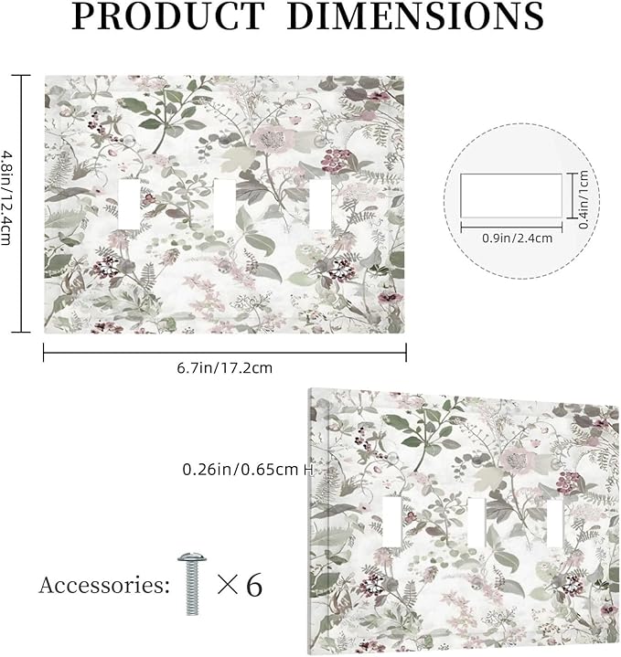 Boho Floral Leaf Vintage Watercolor Flower Decorative Switch Plates 3 Gang Wall Plate Triple Toggle Light Switch Cover Faceplate Electrical Wall Panels for Farmhouse Bedroom Decor