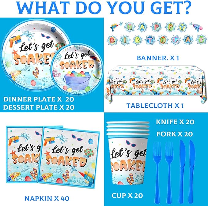 Summer Party Decorations, 142Pcs Water Gun Party Decorations Tableware Set,Include Plates and Napkins,Tablecloth,Banner for Let's Get Soaked Pool Beach Party Birthday Supplies, Serves 20