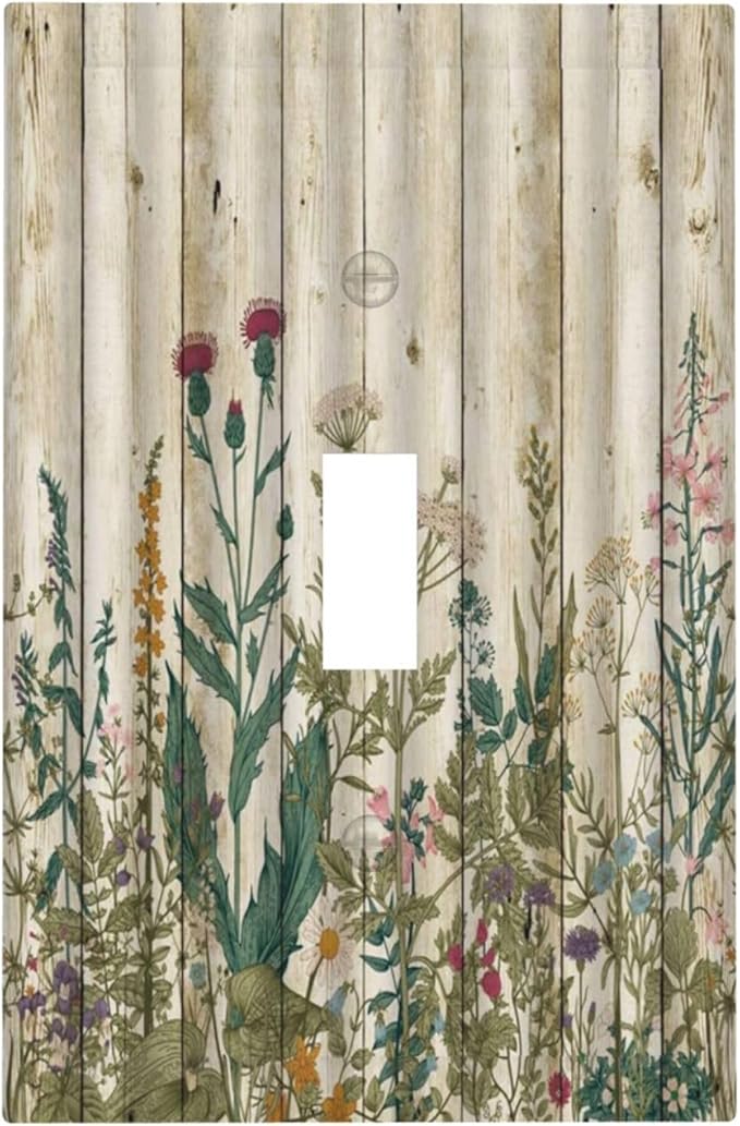 Vintage Wild Flowers Botanical Green Leaves Plants 1 Gang Light Switch Covers Decorative Rustic Wood Plank Single Toggle Wall Plate Switchcover Electrical Switchplate for Farmhouse Bedroom Decor