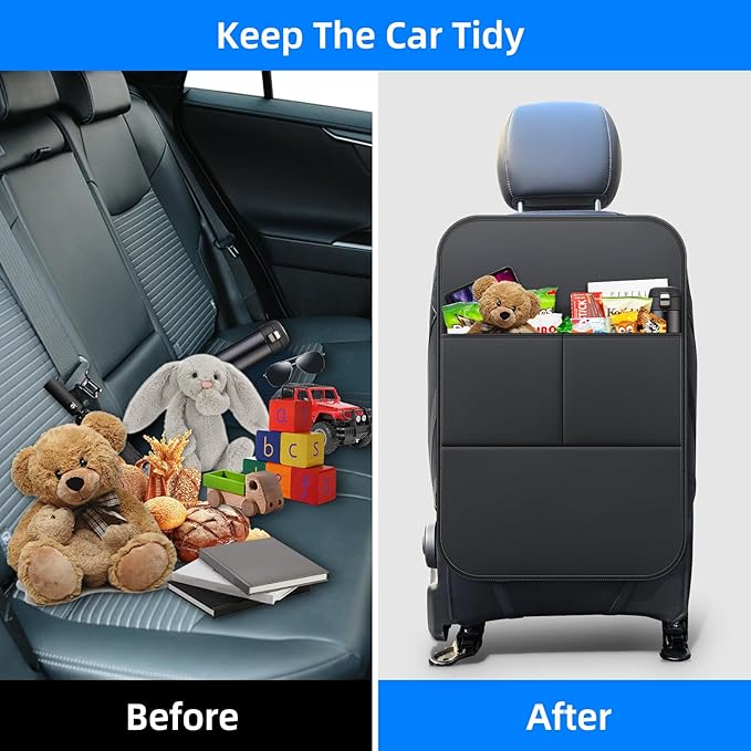 Back Seat Protector Car Kick Mats for Toyota Grand Highlander with 2 Pocket Storage Organizer - Faux Leather Back Seat Covers for Kids Feet Waterproof Dirt Automotive Accessories (1 Pair,Black)