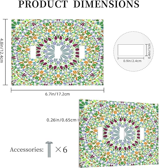 Mandala Flower Abstract Round Mosaic Floral Decorative Switch Plates 3 Gang Wall Plate Triple Toggle Light Switch Cover Faceplate Electrical Wall Panels for Bedroom Living Room Decor