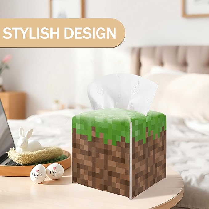 Pixel Grass Block Square Leather Tissue Box Cover – Pixel Theme Party Tissue Box Cover Holder Square, Pixelated Decor for Bathroom Nightstand Kitchen, Birthday Party Gift for Kids & Their Friends