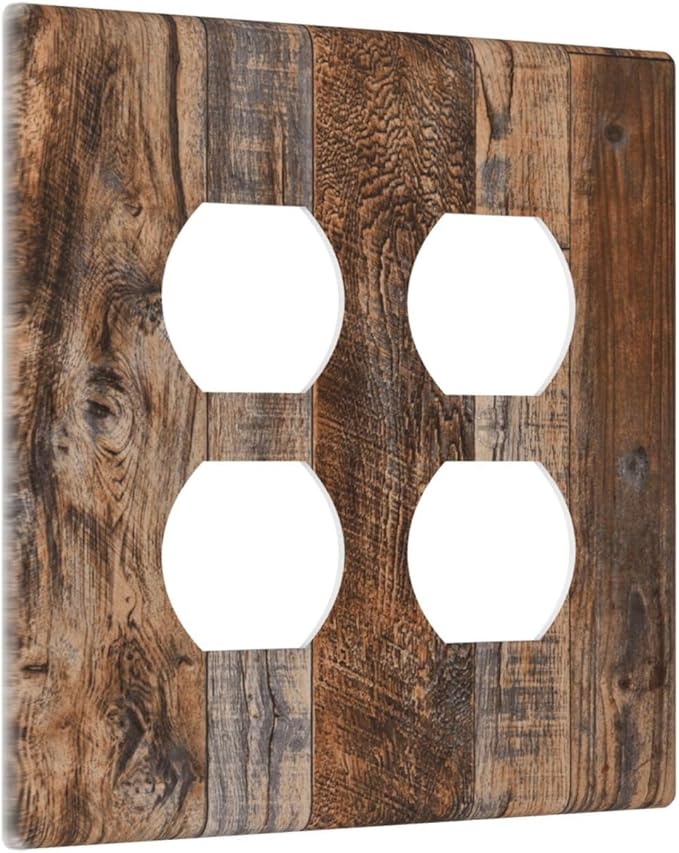 Vintage Board Rustic Brown Wood Texture Outlet Covers 2 Gang Double Duplex Decorative Light Switch Covers Electrical Wallplates Socket Faceplate for Farmhouse Home Decor