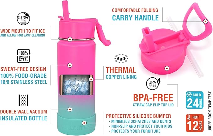 CHILLOUT LIFE 17 oz Kids Insulated Water Bottle for School with Straw Lid Leakproof and Cute Waterproof Stickers, Personalized Stainless Steel Thermos Flask Metal Water Bottle for Girls & Boys