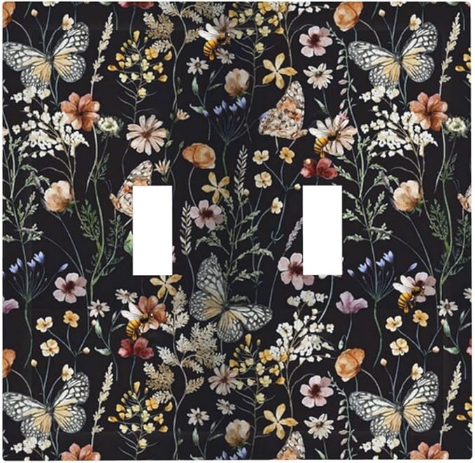 Butterfly 2 Gang Double Toggle Wall Plates Vintage Flower Leaves Light Switch Cover Decorative Dark Backgrounds Electrical Switchplate Faceplate Cute Bees Dimmer Decor for Bedroom Kitchen Bathroom