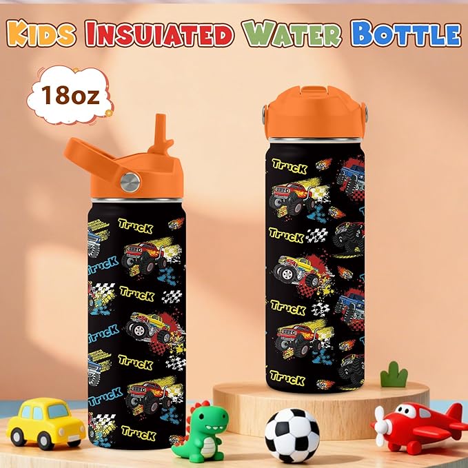 Truck Gifts for Kids - 18 Oz Kids Water Bottle with Straw Lid, Stainless Steel Insulated Tumbler, Leak Proof, BPA-Free, for Girls, School, Travel - Truck Lovers Children Birthday Gifts Cups(1pc)