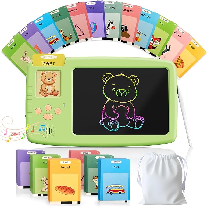 Talking Flash Cards for Toddlers: 2-in-1 LCD Writing Tablet with 510 Sight Words, Montessori Language Learning, Autism & Speech Therapy Toys for Children Ages 1-6, Green