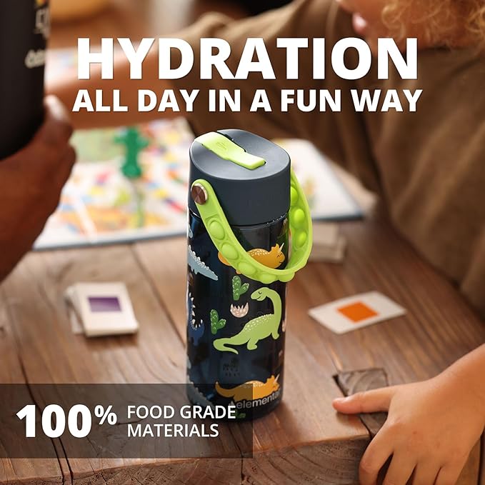 Elemental Water Bottles for Kids - Splash Kids Water Bottle for School with Pop-it Handle - BPA Free Tritan Plastic Water Bottle with Straw Leak Proof when Spout is Closed - Dinosaur- 18oz