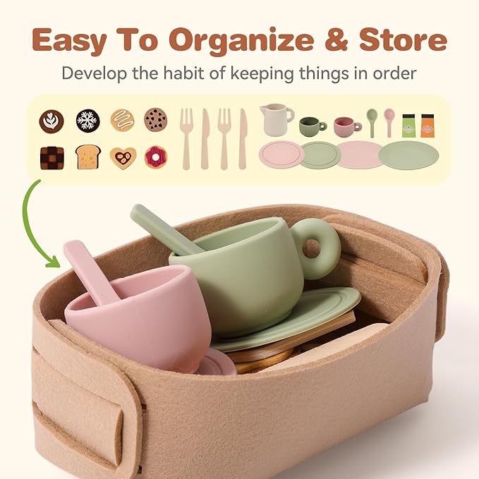 Youuys Tea Party Set for Toddlers 3-5, Wooden & Silicone Pretend Play Tea Set with Desserts, Table Decor Board & Basket, Garden Tea Party Toy for Girls Boys, Birthday Gift for Kids Ages 3+