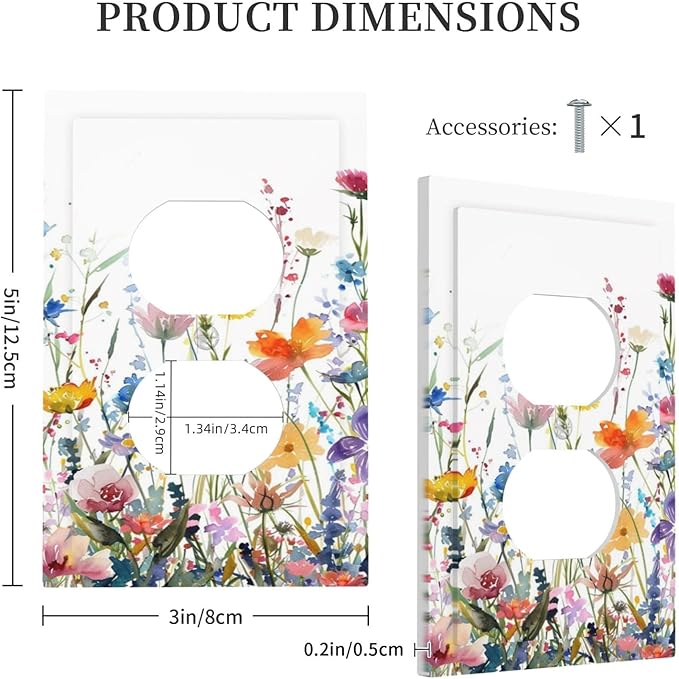 Watercolor Wildflowers Colorful Floral Plant Outlet Covers 1 Gang Duplex Light Switch Cover Decorative Switch Plates Electrical Receptacle Faceplate Wall Plate for Bedroom Living Room Decor