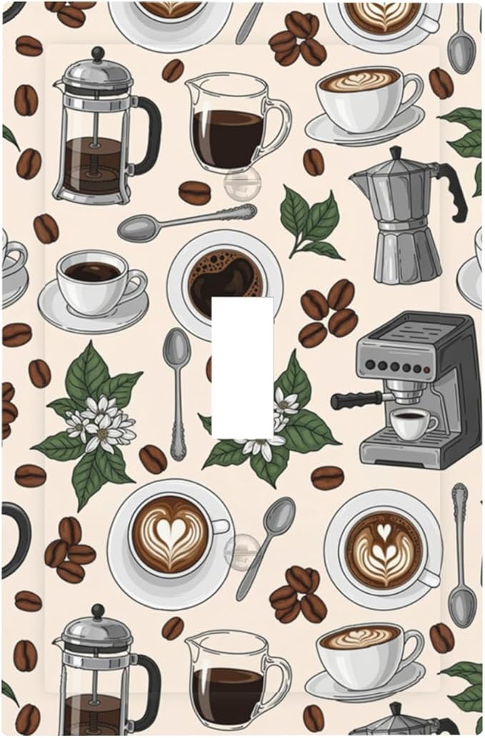 Whimsical Coffee Shop 1-Gang Toggle Light Switch Plate, Vintage Coffee Culture Espresso Decorative Wall Plate for Dining Room Decor