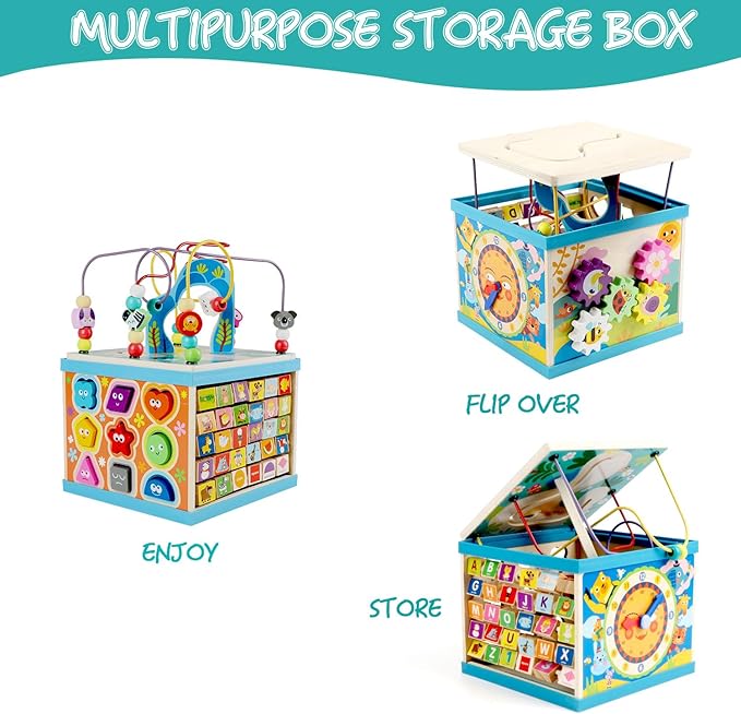 Qilay Wooden Activity Cube for Toddlers, 5 in 1 Multipurpose ABC-123 Abacus Early Educational Montessori Toys, Learning Toys for 3 Year Old | Bead Maze, Great for Boys Girls