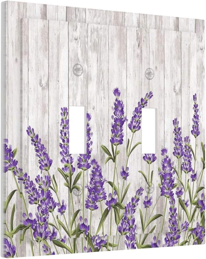 Purple Lavender Rustic Wooden Flowers Floral Plant Decorative Switch Plates 2 Gang Double Toggle Outlet Light Switch Cover Wall Plate Electrical Faceplate for Farmhouse Living Room Decor