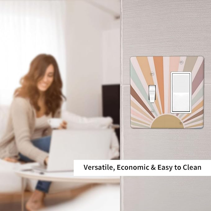 Boho Sun Rainbow Retro Aesthetic Abstract Art Sunrise Sunset Outlet Covers 1 Toggle 1 Rocker Combination Decorative Wall Plate Electrical Switch Plates Light Switch Cover Plate for Kids Room Bedroom