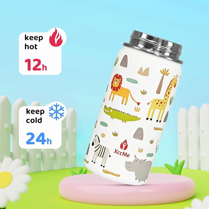 14oz Animal Kids Water Bottle With Straw Lid,Stainless Steel Travel Bottle,Double Wall Leak Proof & BPA-FreeKids Cup,Insulated Tumbler for Toddlers,Metal Bottle for School Boys Girls