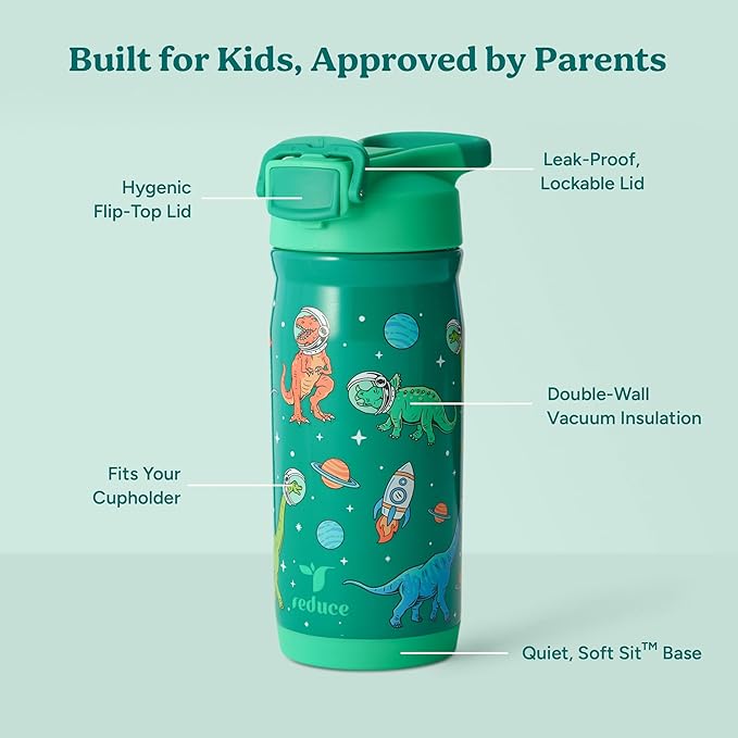 Reduce Hydrate Pro Kids 14oz Stainless Steel Insulated Water Bottle w/Straw – Spill Proof Tumbler for Kids – 30 Hour Cold Retention – Dishwasher Safe Leak-Proof Design - Jurassic Space