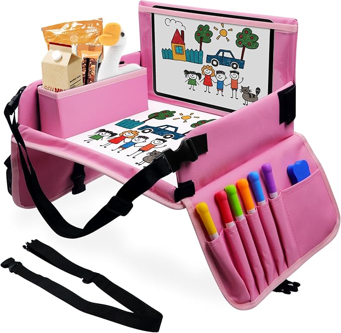 Car Seat Tray for Kids Travel, Carseat Tray for Toddler Road Trip Activities, Car Trays for Kids Road Trip Essentials, Travel Trays for Airplane, Toddler Car Seat Lap Table - Pink