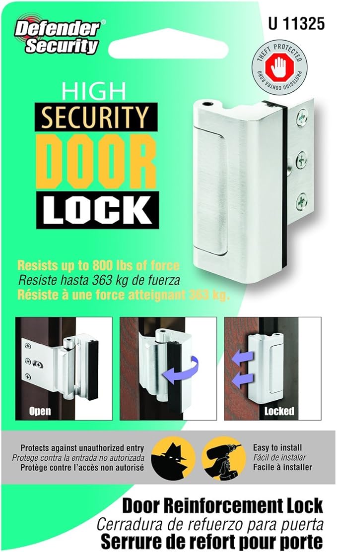 Prime-Line U 11325 Door Reinforcement Lock – Add Extra, High Security to your Home and Prevent Unauthorized Entry – 3” Stop, Aluminum Construction, Brushed Chrome (Single Pack)