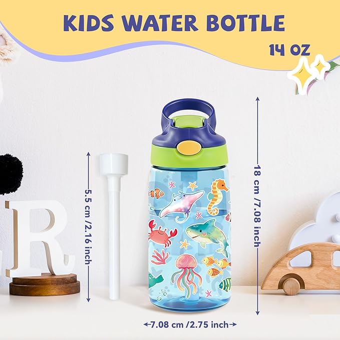 14oz Cute Marine life Kids Water Bottle with Straw Lid - Cartoon Water Bottles for Kids, Leakproof, Lightweight, Durable Plastic Bottles for School, Pop-Up Straw Cover, Gift Cup for Girls Boys(Sea)