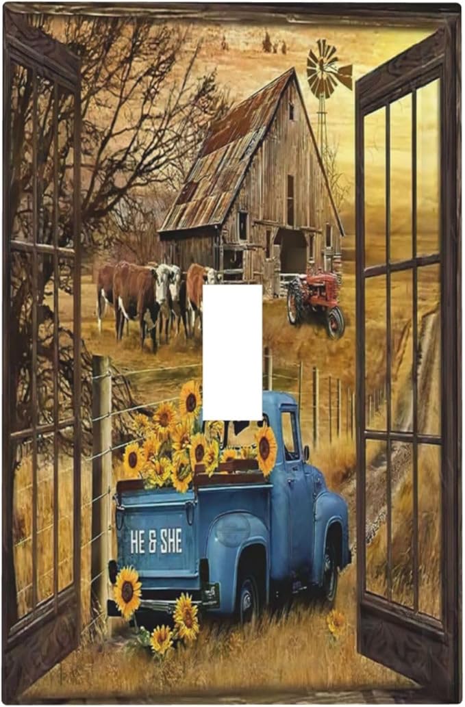 Fall Western Farmhouse Cow 1 Gang Light Switch Cover Decorative Barn door Country Blue Truck Single Toggle Wall Plate Electrical Switchplate Home Decor for Living Room Bedroom Bathroom Decorate