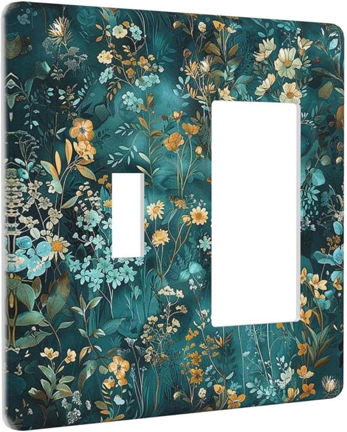 Outlet Covers Green Leaf Floral Boho Golden Flower Plant 1 Toggle 1 Rocker Combination Decorative Wall Plate Electrical Switch Plates Light Switch Cover Plate For Bed Room Cabin Decor