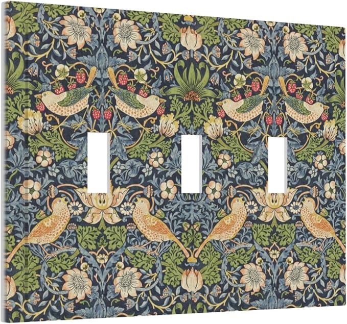 Decorative Switch Plates Morris Strawberry Thrush Birds Colorful Plants 3 Gang Wall Plate Triple Toggle Light Switch Cover Faceplate Electrical Wall Panels For Bed Room Living Room Decor