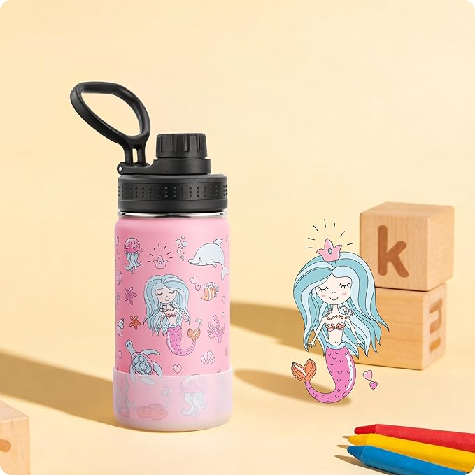 12 oz Stainless Steel Vacuum Insulated Water Bottle-Small Water Bottle BPA Free, Gift for Boy, Girls-Mermaid