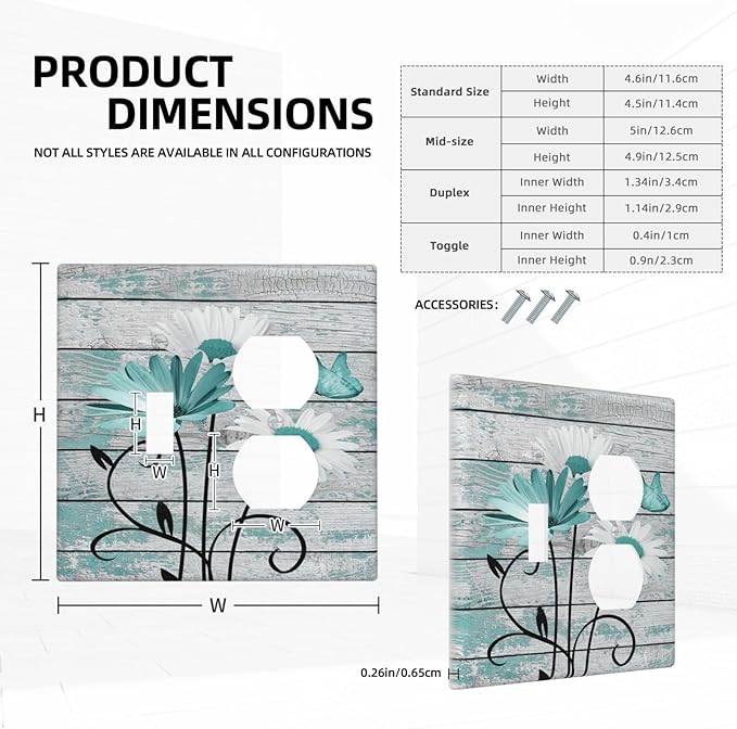 Teal White Daisy Flower Butterfly On Rustic Wood Board Wallplates 1 Toggle 1 Duplex Switch Plate Electrical GFCI Faceplate Decorative Light Switch Covers for Farmhouse Bedroom Decor