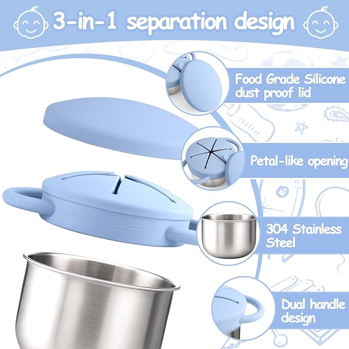 Mity rain Stainless Steel Snack Containers for Toddlers with Spill-Proof Silicone Lids Handles - 3-in-1 Baby Snack Cups, No-Spill Toddler Snack Box (Blue, One piece set)