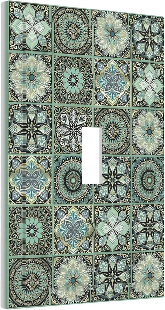 Moroccan Mandala Tile Floral Talavera Tiles Decorative Light Switch Cover 1 Gang Single Toggle Device Electrical Faceplate Switchplates Decorator Outlet Wall Plate for Bathroom Kitchen Decor