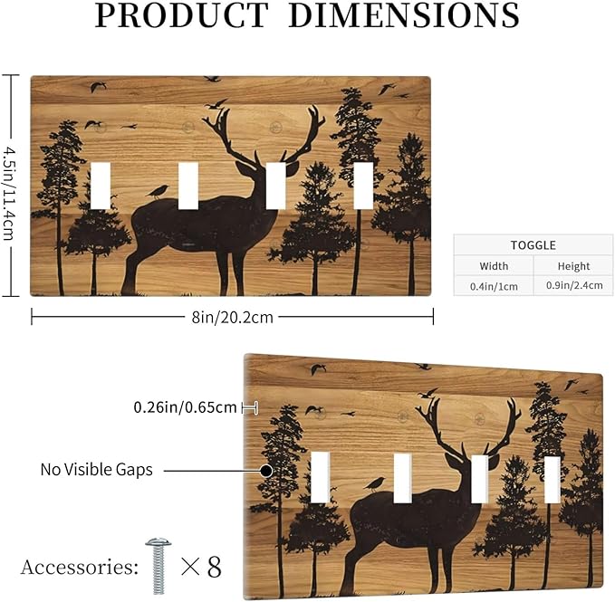 Elk Moose Forest Hunting Pyrography Art Wood Texture Print Light Switch Covers Quad Toggle Electrical Faceplate 4 Gang Wall Plate Decorative Switch Plates Cover for Farmhouse Bedroom Decor