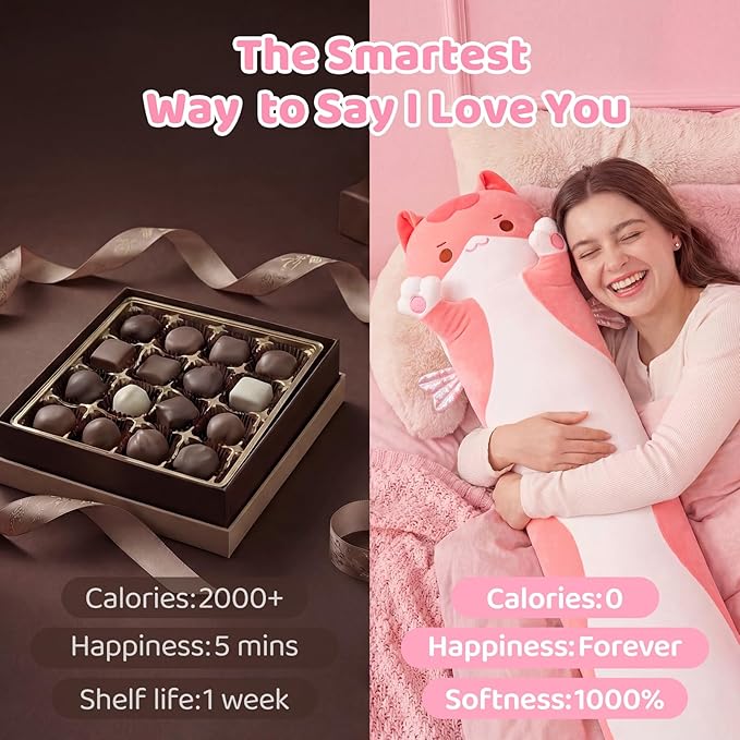Mewaii Long Cat Plush 5 Sizes, 120% Extra Filling Giant Plushness Kids Body Pillow, Kawaii Cute Pink Cat Stuffed Animals Plushies, Big Long Body Pillow Cat Plush Gift for Girls 20”