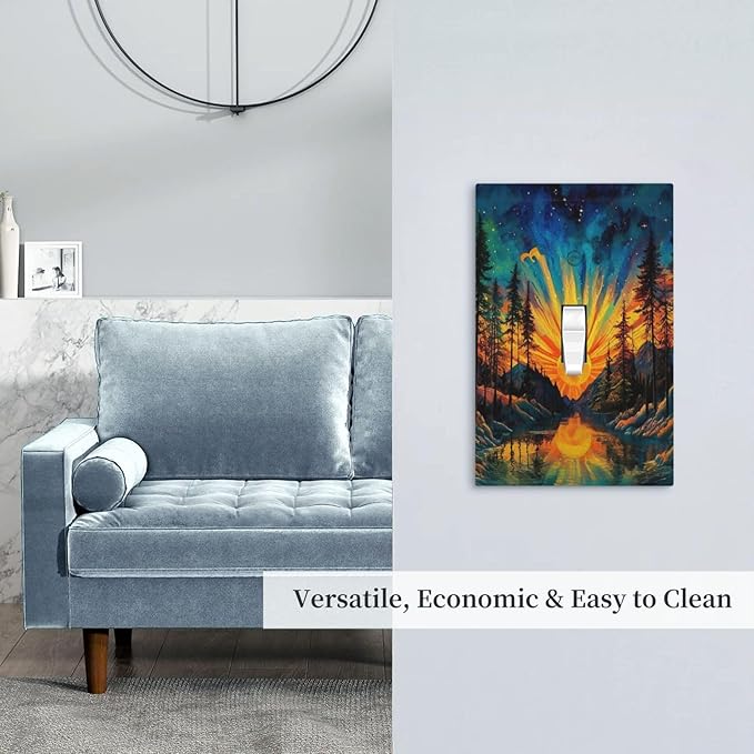 Light Switch Cover Plate Vintage Forest Sun Boho Mountain Starry Sky 1 Gang Single Toggle Decorative Switch Plates Wall Plates Electrical Faceplate for Bathroom Bedroom Decor