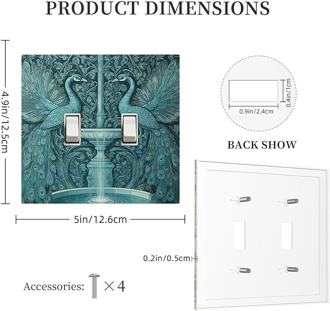 Art Nouveau Peacocks & Fountain in Teal Garden Double Toggle Switch Cover - 2-Gang Standard US Size Elegant Garden Escape Light Switch Covers for Living Room Decor
