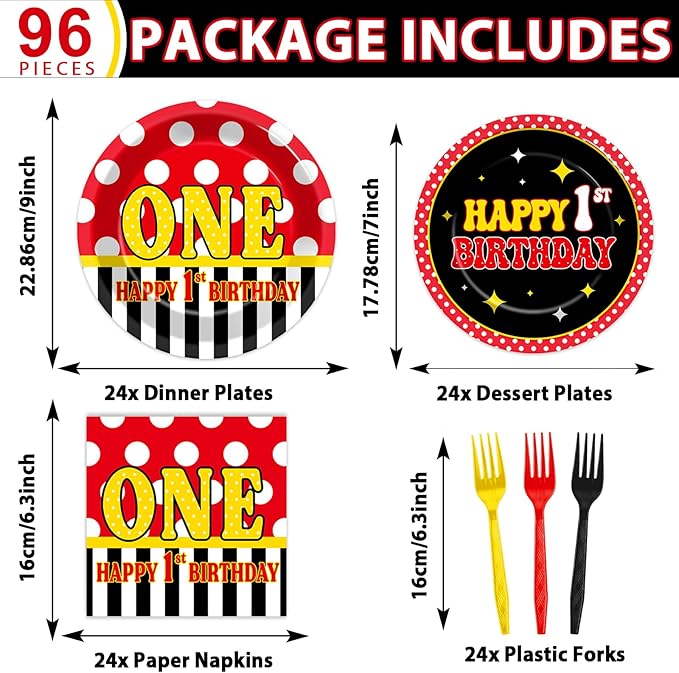 96 Pcs Mouse 1st Birthday Party Plates and Napkins Set Cartoon Mouse Party Decorations Red Black Yellow Paper Dessert Plates Polka Dot Tableware Set for Boys Girls 24 Guests