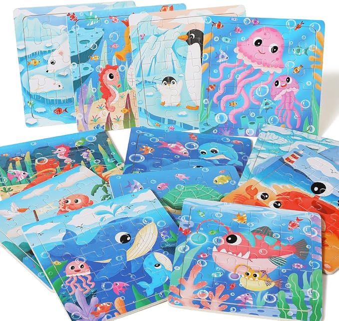 GRINNNIE Wooden Puzzle for Toddlers 3 4 5 Years Old, 12 PCS Jigsaw Ocean Animals Puzzles Preschool Learning Toys for Travel or Car, Birthday for Boys and Girls (Pack of 2)