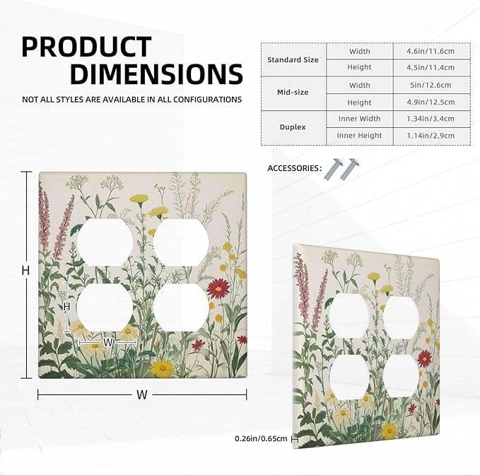 Rustic Wildflower Green Plants Daisy Floral Outlet Covers 2 Gang Double Duplex Decorative Light Switch Covers Electrical Wallplates Socket Faceplate For Farmhouse Bed Room Decor