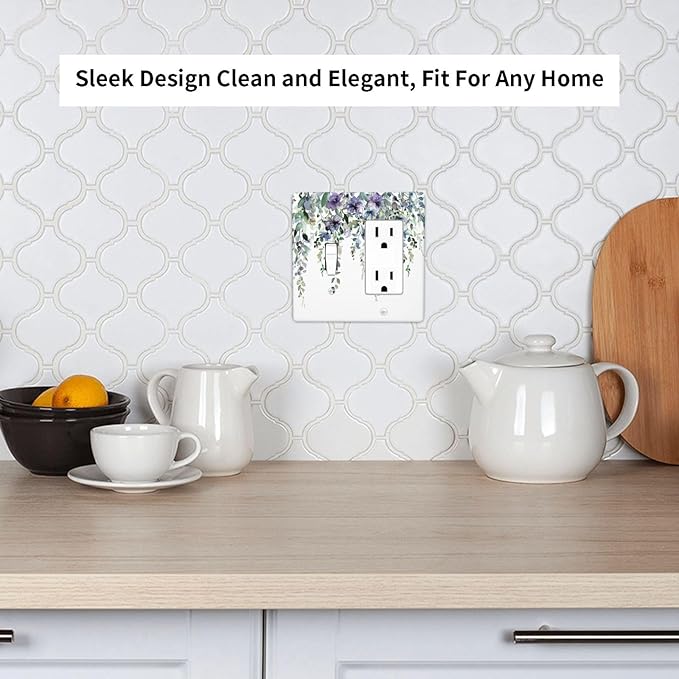 Outlet Covers Blue Purple Eucalyptus Leaves Boho Botanical 2 Gang Combo Light Switch Cover Plate Toggle Rocker Wallplates Decorative Switch Plates and Outlet Covers for Bathroom Home Decor