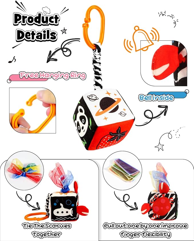 Baobrava 3 PCS Black and White High Contrast Baby Toys for Newborn, Montessori Toy Sensory Infant Tummy Time Toy Baby Essentials 0-6-12 Months Gifts