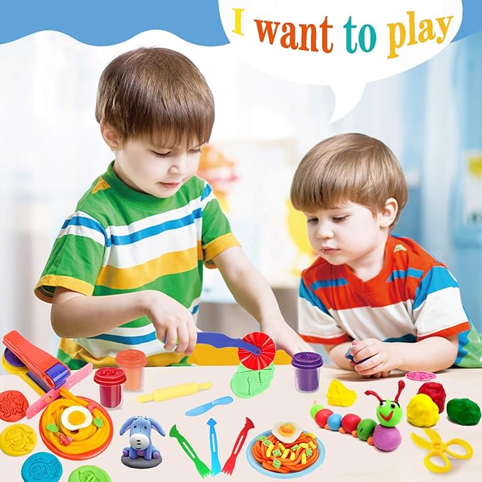 32-Piece Dough Tool Set for Kids – Dough Play Tools with Molds, Rollers, Extruder, Cutters & Scissors –Clay Tools for Creative Play (Random Colors)