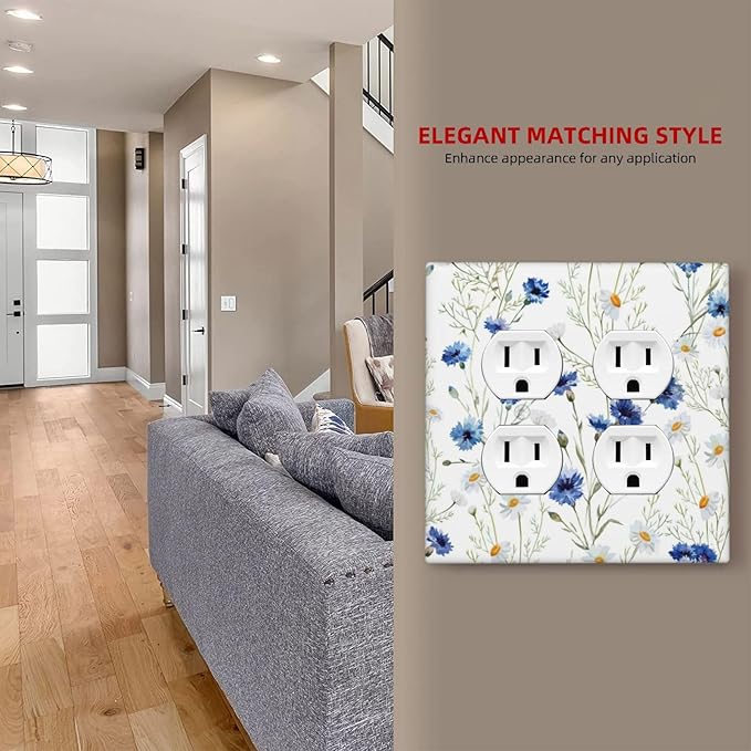 Decorative Light Switch Cover Plate Watercolor Daisy Blue Floral Vintage Plant 2 Gang Decorative Switch Plates 1 Toggle Duplex Combo Outlet Covers GFCI Plug Covers Wallplates for Bedroom Home Decor