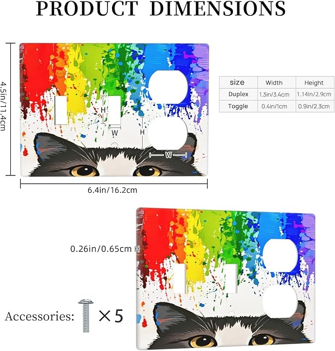 Cat Rainbow 2 Toggle 1 Duplex Receptacle Outlet Cover Wall Plate Decorative 3 Gang Light Switch Covers Electrical Switchplate Home Decorate Faceplat for Bathroom Bedroom Kitchen Room 4.5 x 6.4 Inch