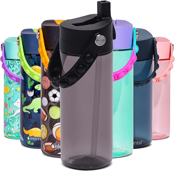 Elemental Water Bottles for Kids - Splash Kids Water Bottle for School with Pop-it Handle - BPA Free Tritan Plastic Water Bottle with Straw Leak Proof when Spout is Closed - Black - 18oz