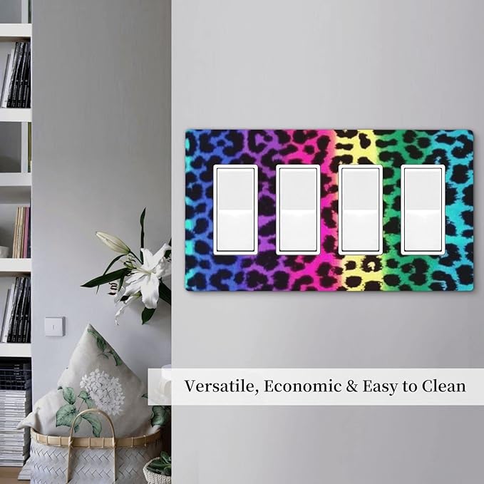 Rainbow Leopard 4 Gang Quad Rocker/GFCI Light Switch Wall Plate Cover Plate Decorative Electrical Faceplate for Colourful Leopard Bathroom Room Decorate Jumbo Size Screwless 8.3" x 4.6