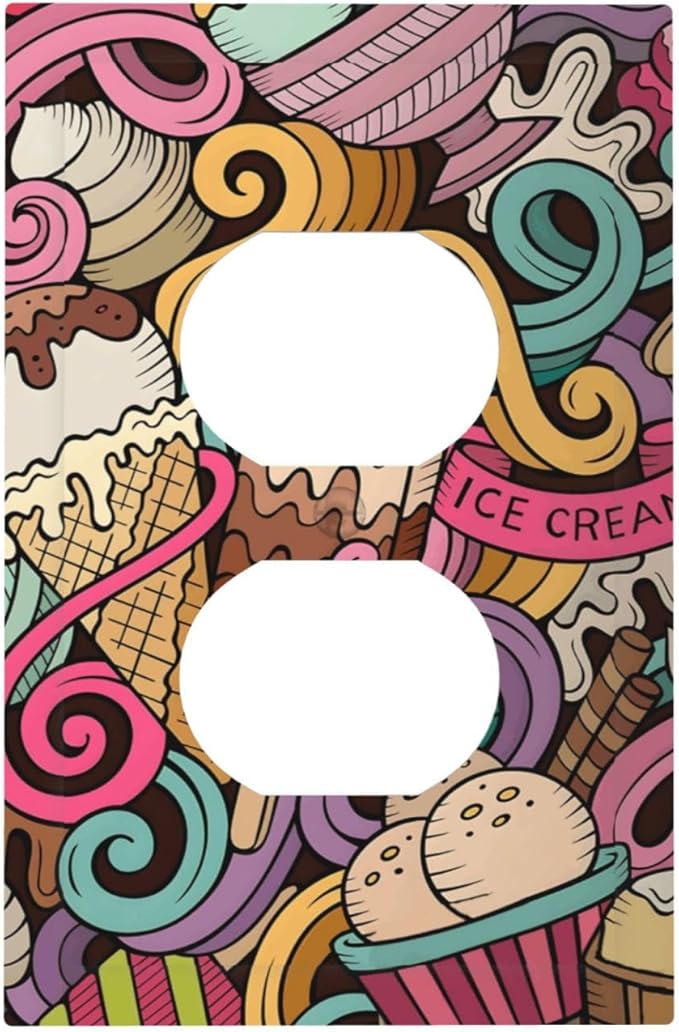 Cartoon Hand Drawn Ice Cream Doodles Colorful Print Outlet Covers 1 Gang Duplex Light Switch Cover Decorative Switch Plates Electrical Receptacle Faceplate Wall Plate for Kids Room Nursery Decor