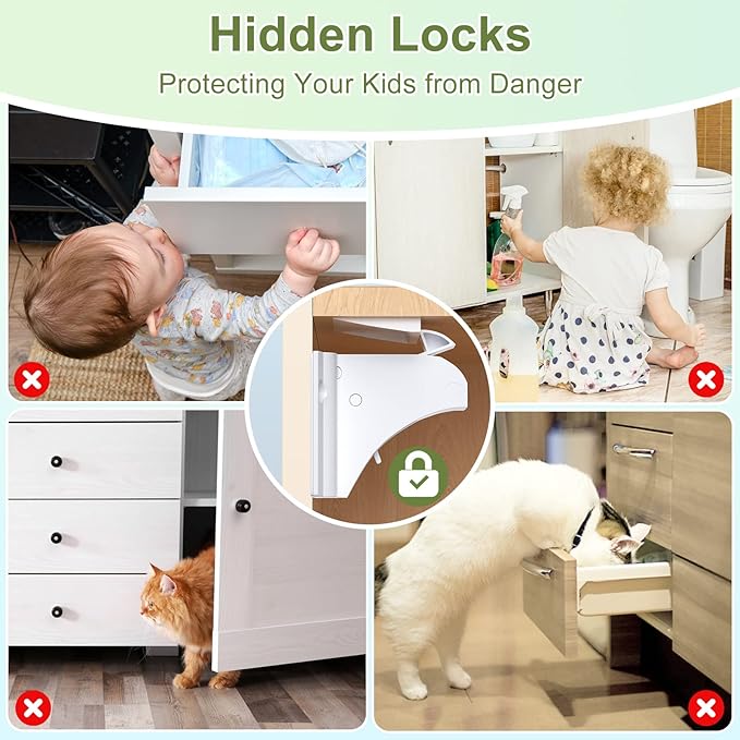 Magnetic Cabinet Locks 20 Pack+4 Keys, AOSITE Baby Proofing Drawer Lock Child Safety Locks for Kitchen with Adhesive No Drilling or Screws Fixed, 4 Baby Safety Cabinet Locks for Knobs