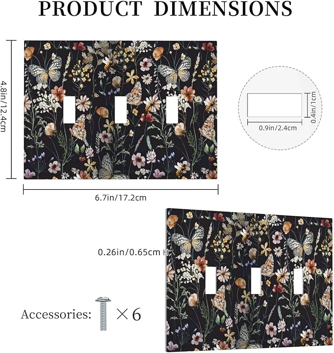 Vintage Flower Leaves Triple Toggle Wall Plates Cute Bees 3 Gang Light Switch Cover Decorative Dark Backgrounds Electrical Switchplate Faceplate Butterfly Dimmer Decor for Bedroom Kitchen Bathroom
