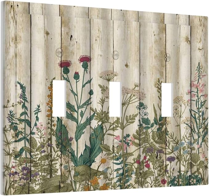 Vintage Wild Flowers Botanical Green Leaves Plants 3 Gang Light Switch Covers Decorative Rustic Wood Plank Triple Toggle Wall Plate Electrical Faceplate Switchplate for Farmhouse Bedroom Decor